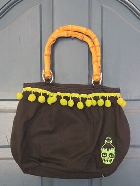 SOURPUSS Small Tote Bag with Lime Pom Trim and Bamboo Handles